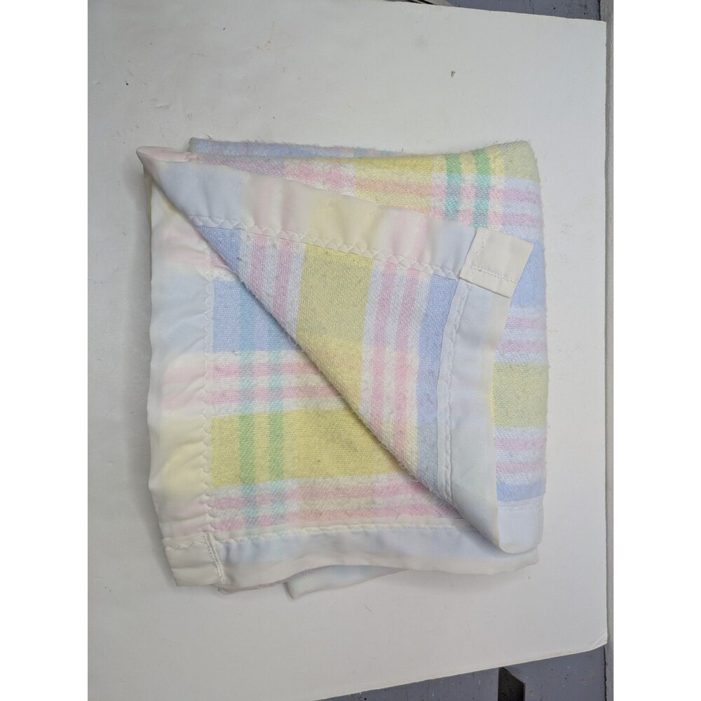 Vintage Pastel Plaid Acrylic Nylon Trim Baby Blanket Blue Pink Yellow Carter's?